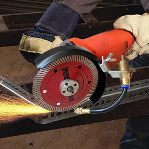 Keep Dust To The Curb And Your Equipment In Top Shape With This Smooth Two Mode Flexible Water Sprayer Nozzle For Angle Grinders Concrete Cutting And Tough Construction Sites, showcasing aluminum nozzle on angle grinder.