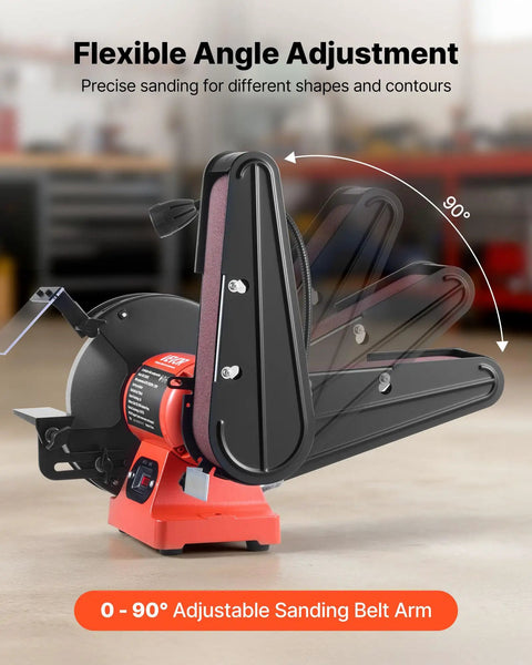 Heavy Duty Eight Inch Bench Grinder Paired With Two By Twenty Eight Belt Sander Combo with 0-90 degree adjustable sanding belt arm.