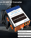 Rock Solid 55 Amp RV Power Converter And Battery Charger 120V AC To 12V DC Plug And Play Replacement For Campers Trailers With No Sweat Multi Stage Charging Routine, showing power connection and input/output specifications.