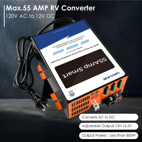 Rock Solid 55 Amp RV Power Converter And Battery Charger 120V AC To 12V DC Plug And Play Replacement For Campers Trailers With No Sweat Multi Stage Charging Routine, showing power connection and input/output specifications.