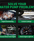 Image showing water pump problems: engine overheating, coolant leakage, unusual noise from engine, check engine light on for cooling systems.