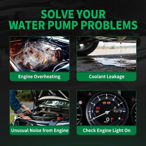 Image showing water pump problems: engine overheating, coolant leakage, unusual noise from engine, check engine light on for cooling systems.