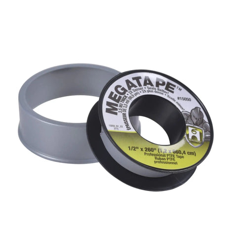 Megatape Gray Thread Seal Tape 1/2 Inch Wide By 260 Inch Long, spool and holder, for plumbing, pipe fittings, and gas and water lines.