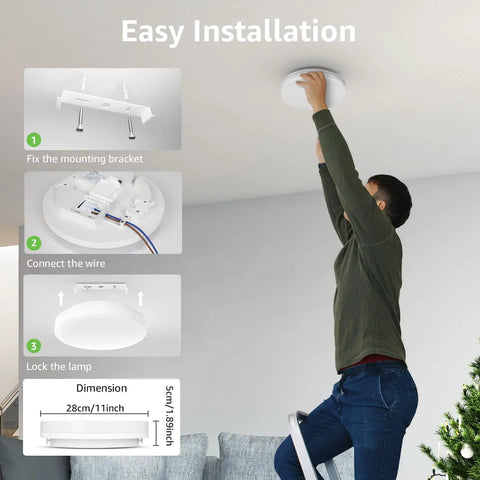 Man installing Slim Flush Mount LED Ceiling Light 2400 Lumens, 200 Watt Equivalent, IP54, 3000K fixture with easy install guide.