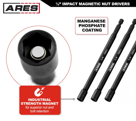 Magnetic Impact Nut Driver Bit Set Three Piece 1/4 Inch Hex Shank Six Inch Length Each Heavy Duty Nut Setters With Industrial Strength Magnets