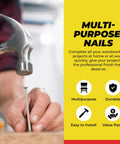 All Purpose Nail Set Bundle For DIYers Includes Finish Nails, Common Nails, Brad Nails, Wire Nails, And Picture Hanging Nails A Complete Woodworking Fasteners Kit For Home Improvement Projects And A Pro Finish showing hand hammering nail