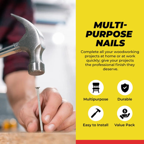 All Purpose Nail Set Bundle For DIYers Includes Finish Nails, Common Nails, Brad Nails, Wire Nails, And Picture Hanging Nails A Complete Woodworking Fasteners Kit For Home Improvement Projects And A Pro Finish showing hand hammering nail