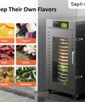 Massive 360 Auto Rotate Food Dehydrator With 16 Spacious Trays showcasing various dried foods including fruits and herbs.