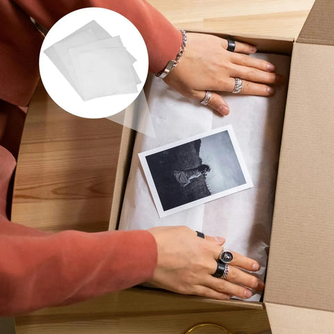 100 Count Reusable EPE Packing Foam Bags With Cushioned Design To Protect Fragile Items And Glassware, Ideal For Moving, Shipping, Storage, And Office Use, Pack Like A Pro With These Soft Cushioning Pouches For Safe, Easy Packaging. EPE foam bags in shipping box protecting photo prints