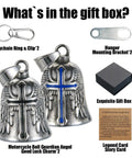 Image of Two Pack Motorcycle Bell Set With Gift Box And Legend Card, Weatherproof Badass Good Luck Charm For Riders, Includes Keychain And Hanger, Perfect Gift For Men Women Friends, Black And Blue, featuring stainless steel bells with cross design, gift box, and accessories.