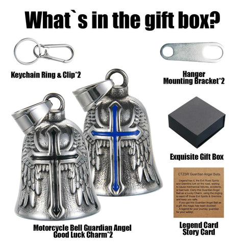 Image of Two Pack Motorcycle Bell Set With Gift Box And Legend Card, Weatherproof Badass Good Luck Charm For Riders, Includes Keychain And Hanger, Perfect Gift For Men Women Friends, Black And Blue, featuring stainless steel bells with cross design, gift box, and accessories.
