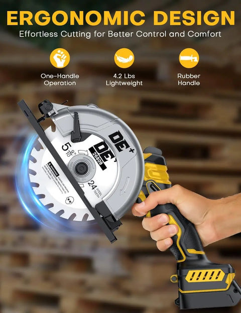 Badass Brushless Cordless Circular Saw Slick 6 Inch Blade Kicks Butt With DeWalt 20V Compatible lightweight saw with ergonomic handle.