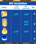 Brass Plumbing Fitting Kit Value Pack Seven Pieces One Half Inch NPT To Three Eighths Inch NPT Reducing Adapters and PTFE Tape