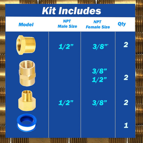 Brass Plumbing Fitting Kit Value Pack Seven Pieces One Half Inch NPT To Three Eighths Inch NPT Reducing Adapters and PTFE Tape