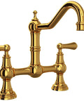 Edwardian Widespread Bridge Kitchen Faucet With Side Spray In Pure Unlacquered Brass, showcasing vintage design and durability.