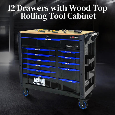 Heavy Duty Rolling Tool Chest With 12 Drawers Mechanic Tool Box On Wheels Beefy Mobile Storage Cabinet And Workbench For Garage Workshop Warehouse And Repair Shop With Solid Wood Top, black steel with blue drawers