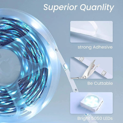130 Ft Bluetooth LED Strip Lights for Bedroom with Music Sync featuring strong adhesive, cuttable strips, bright 5050 LEDs