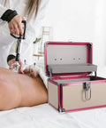 Sweet Aluminum Alloy Pedicure Rig With Layered Lockable Storage For Nail Techs And Makeup Pros To Keep Your Kit Clean And Secure While Hitting the Road For Home Or Office Jobs Without A Hassle, open case in use during treatment.