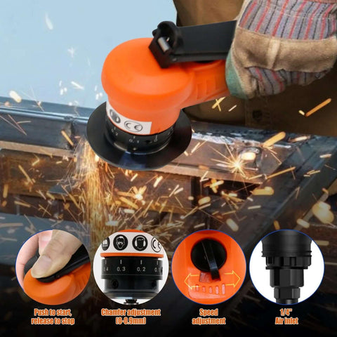 Pneumatic chamfering tool, orange handheld with black guard; for metal and wood beveling; adjustable speed and chamfer.