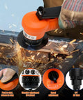 Heavy Duty Pneumatic Chamfering Tool With Fast 30K RPM Speed For Precision Metal Deburring And Edge Trimming Adjustable Depth Control For Sleek Arc Corners and Linear Bevels Easy Handling Orange Finish in use with sparks.