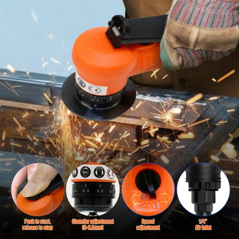 Heavy Duty Pneumatic Chamfering Tool With Fast 30K RPM Speed For Precision Metal Deburring And Edge Trimming Adjustable Depth Control For Sleek Arc Corners and Linear Bevels Easy Handling Orange Finish in use with sparks.