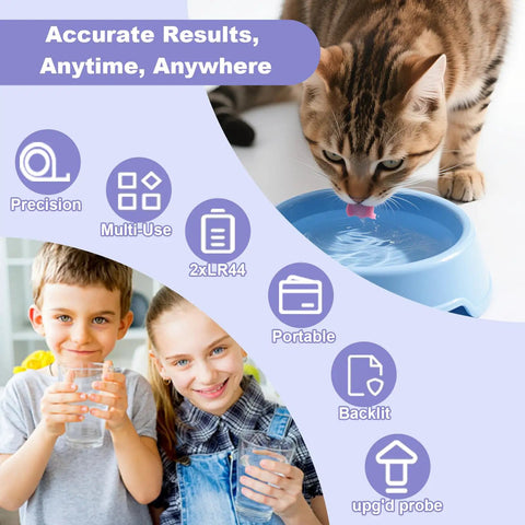 Children drinking water with cat next to a blue water fountain. Water Quality Tester For Drinking Water With Fast Readings From 0 To 9990 PPM, A Pro Grade Digital Meter For Tap Water Bottled Water Aquariums Pools Hydroponics And RO DI Systems, Accurate Reliable And Plug And Play Easy To Use.