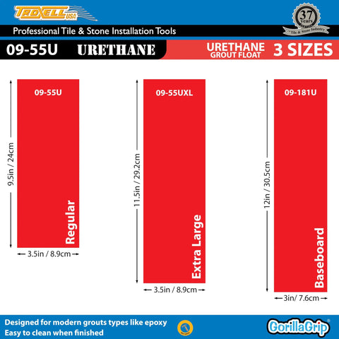 Diagram showing three sizes of urethane grout float, highlighting Regular, Extra Large, and Baseboard dimensions with measurements.