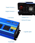 1000 Watt DC To AC Inverter With Dual 110V Outlets Smart Digital Display And Cigarette Lighter Adapter showing ports and controls.