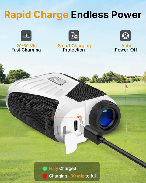 Golf Rangefinder With Slope Mode, 1200 Yard Range, Rechargeable Battery, Magnetic Strap, Flag Lock Vibration showing charging port