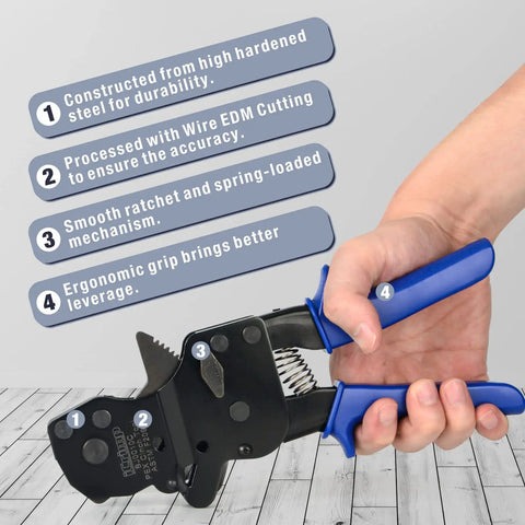 Ratchet PEX Cinch Tool For Stainless Steel Clamps Meets ASTM 2098 Clamping Three Eighths One Half Three Quarters Five Eighths One Inch Pipe Tubing One Hand Design For Easy Clamp Tightening And Quick Pipe Installations No Sweat