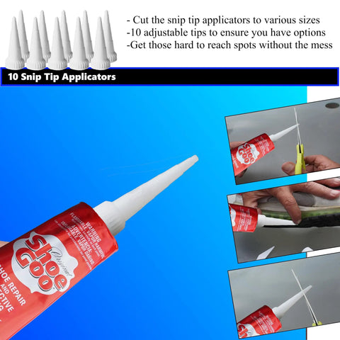 Clear Shoe Repair Adhesive Bundle With 3.7 Fl Oz Tube, 10 Snip Tip Applicators, 5 Plastic Spreader Tools shown with applicators