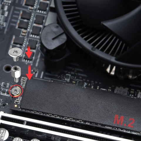 M.2 NVMe SSD Mounting Screws Kit for PC installation on motherboard, showing eight different-height studs and screws in black.