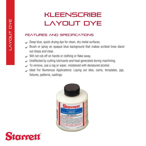 Kleenscribe Layout Dye Quick Dry Blue For Clean Metal Surfaces 4 Oz Bottle with features listed.