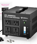 Beast 5000 Watt Voltage Converter Transformer For Home And Travel, front view with power switch and sockets