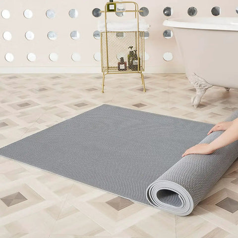 Commercial Drainage Mat 3x10 Ft 0.22 Inch Thick Grippy Non Slip PVC Floor Rug unrolled in bathroom, gray durable mat