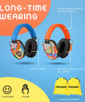 Kids Ear Protection Earmuffs with adjustable headband NRR 25dB for sports events, bright orange and blue design, carrying bags