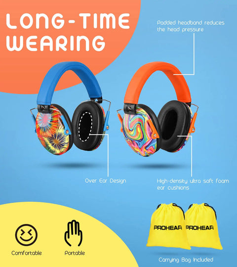 Kids Ear Protection Earmuffs with adjustable headband NRR 25dB for sports events, bright orange and blue design, carrying bags