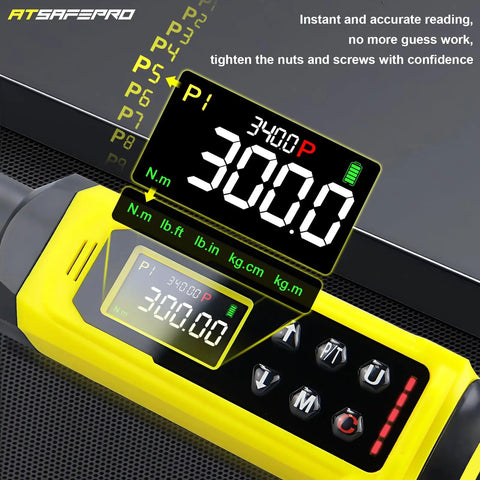 Close-up of digital display on Quarter Inch Drive Torque Wrench Set Pro Grade with 14 Piece Kit, yellow casing, showing settings.
