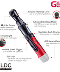 12V Cordless Brushless Ratchet Wrench 3 Eighths Inch Head 65 Ft Lbs Torque LED Work Light Built For Tight Spaces diagram.