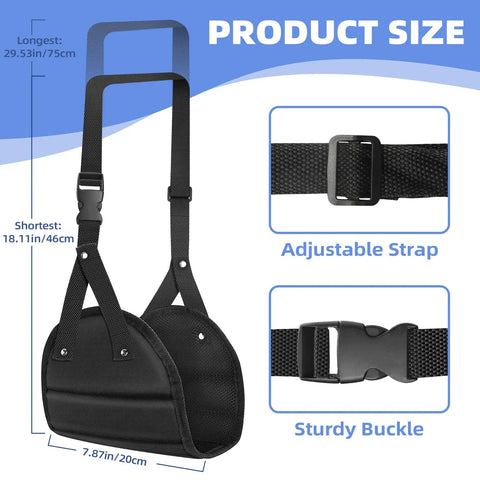 Adjustable Memory Foam Airplane Foot Hammock Rest For Long Flights with adjustable straps and sturdy buckle details shown.