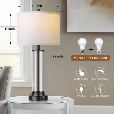 Touch Control Table Lamps Set Of 2 With USB Ports And 3 Way Dimmable Bedside Lighting For Living Room And Bedroom with dimensions displayed