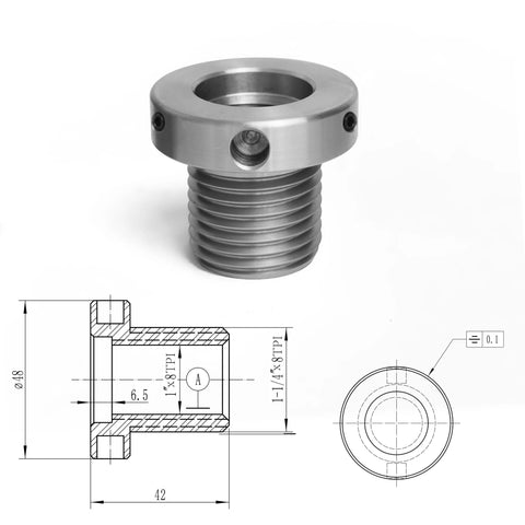 Front view of a silver metal 1in x 8TPI female to 1-1/4in x 8TPI male lathe adaptor with jackscrews