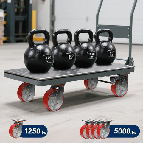 Heavy Duty 6X2 Inch Caster Set Of 4 With Polyurethane Treads And Cast Iron Cores, 5000 Lb Capacity Industrial Swivel Plate Casters
