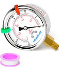 Tough As Nails Stainless Steel Liquid Filled Vacuum Gauge With 2.5 Inch Dial 1/8 NPT Connection Lower Mount -30 InHg To 0 Psi Range WOG Water Oil Air Snaps Included, angled view with brass fitting