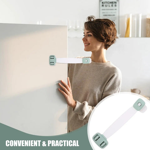 Image showing a woman installing kid safe cabinet door and drawer latches with double press buckle design ABS material.