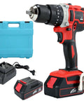 Heavy Duty Cordless Drill Impact Driver Kit featuring 20V 2500mAh batteries, quick charge station, keyless chuck, and case.