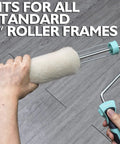 Person holding Six Pack Nine Inch Lambswool Paint Roller Covers With Three Quarters Inch Nap High Capacity on floor