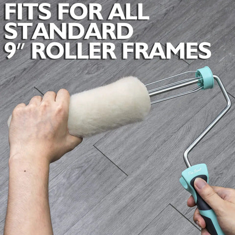 Person holding Six Pack Nine Inch Lambswool Paint Roller Covers With Three Quarters Inch Nap High Capacity on floor