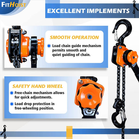 Half Ton Chain Hoist Come Along 1100 Lbs Capacity With 10 Foot Lift G80 Chain Ratchet Chain Puller Hoist detail