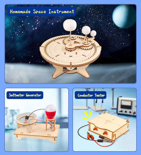 Six In One STEM Kit For Kids with hydraulic excavator, Newton's cradle, space model, conductor tester, saltwater generator, microscope.